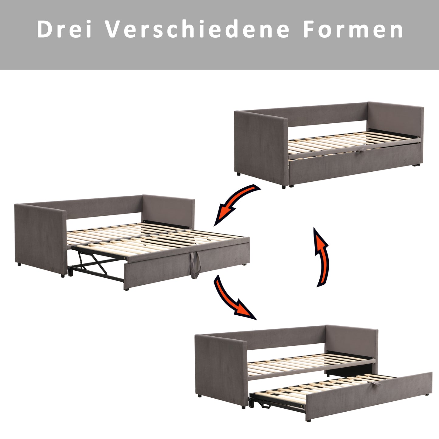 Polsterbett Ausziehbares Schlafsofa 90/180*200 cm mit Lattenrosten, Multifunktionsbett aus hautfreundlichem Samtstoff Grau