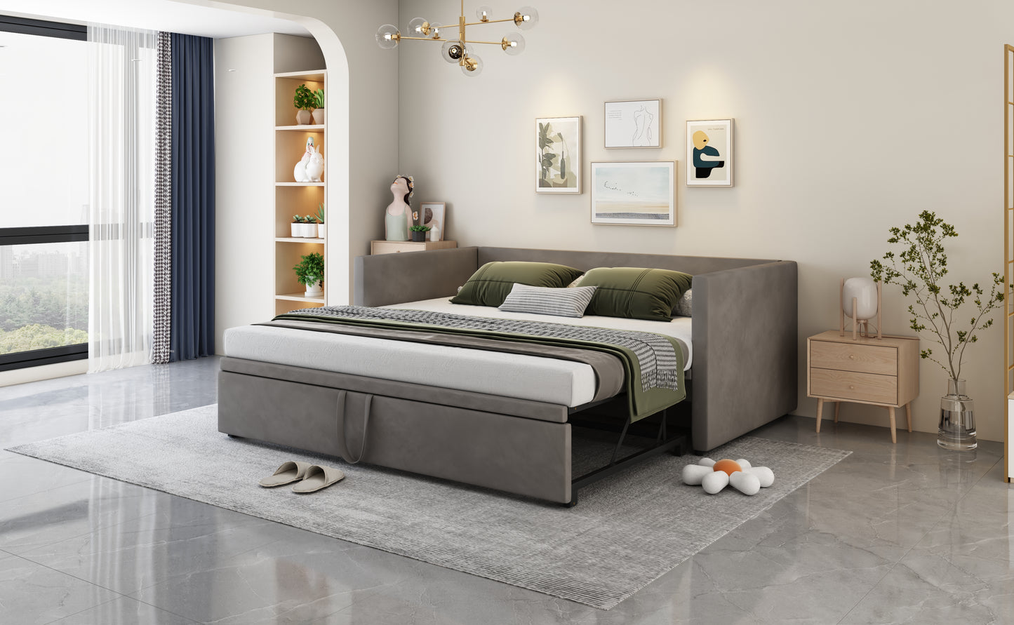 Polsterbett Ausziehbares Schlafsofa 90/180*200 cm mit Lattenrosten, Multifunktionsbett aus hautfreundlichem Samtstoff Grau