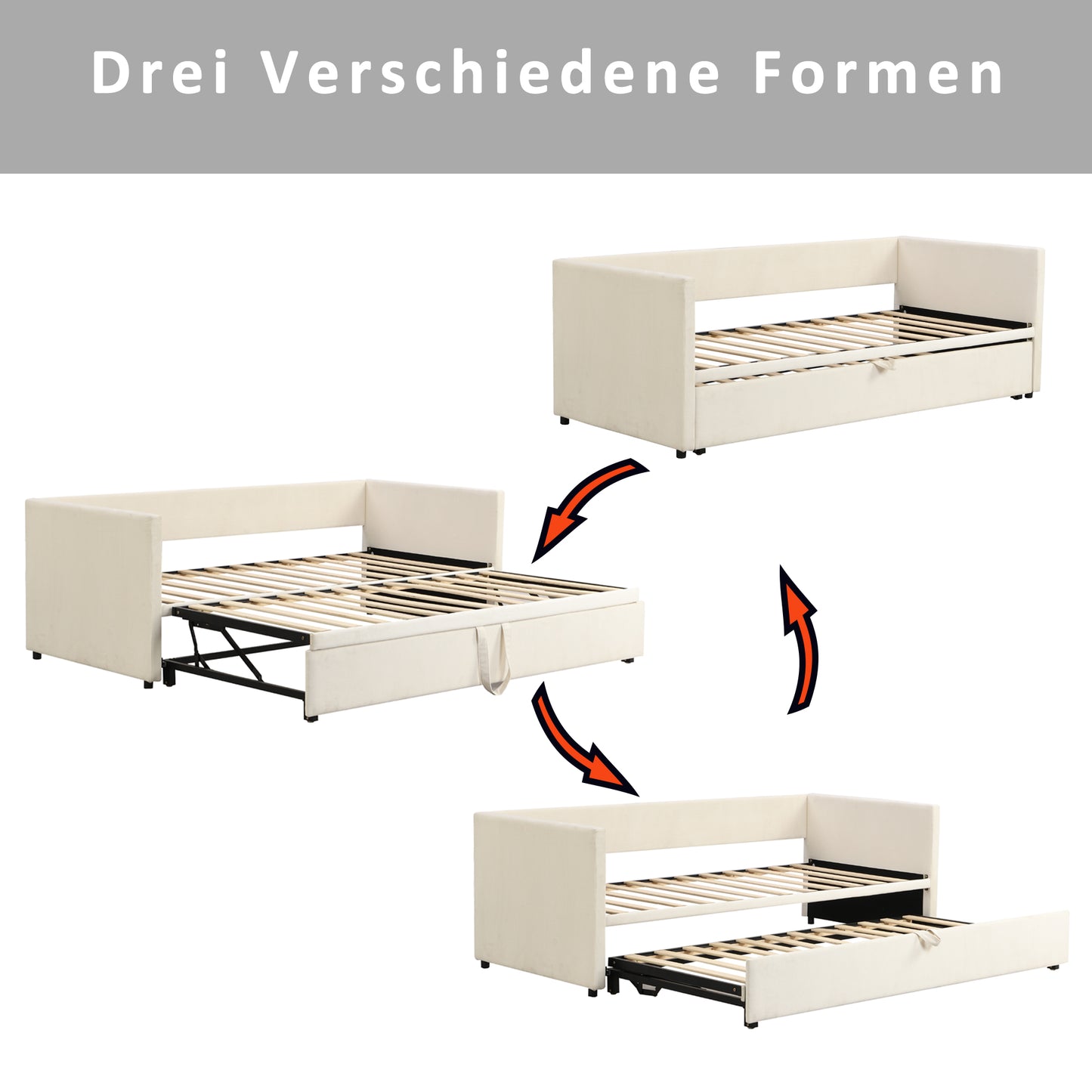 Polsterbett Ausziehbares Schlafsofa 90/180*200 cm mit Lattenrosten, Multifunktionsbett aus hautfreundlichem Samtstoff Grau