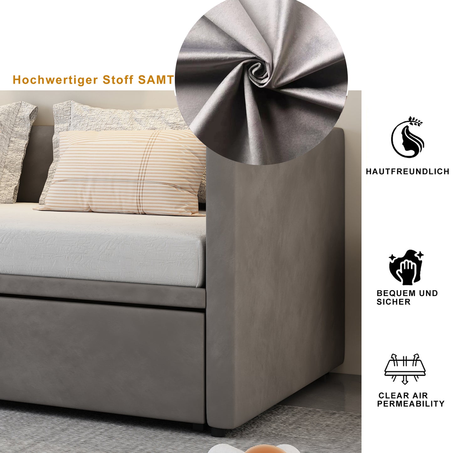 Polsterbett Ausziehbares Schlafsofa 90/180*200 cm mit Lattenrosten, Multifunktionsbett aus hautfreundlichem Samtstoff Grau