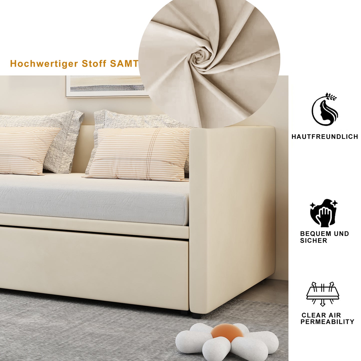 Polsterbett Ausziehbares Schlafsofa 90/180*200 cm mit Lattenrosten, Multifunktionsbett aus hautfreundlichem Samtstoff Grau