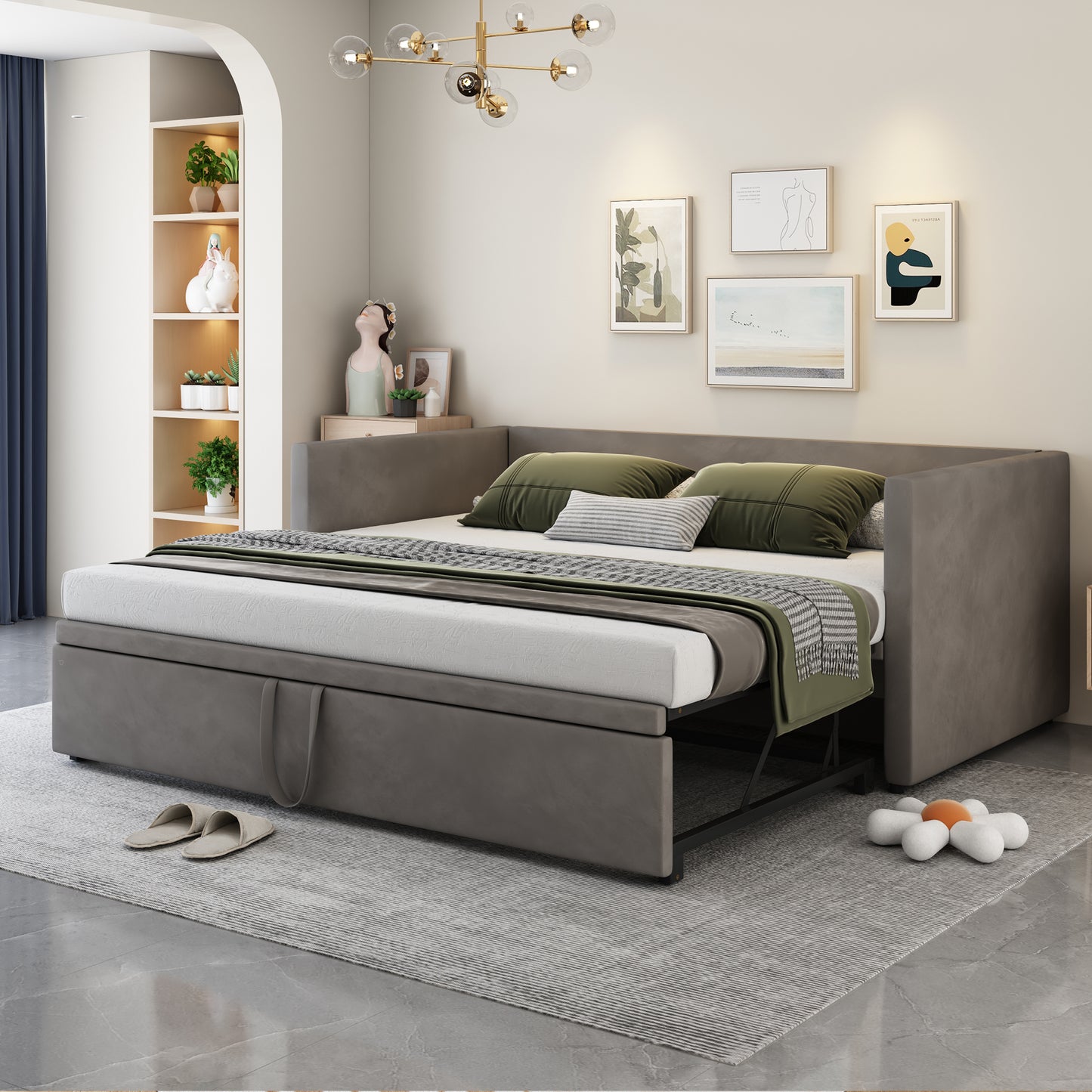 Polsterbett Ausziehbares Schlafsofa 90/180*200 cm mit Lattenrosten, Multifunktionsbett aus hautfreundlichem Samtstoff Grau