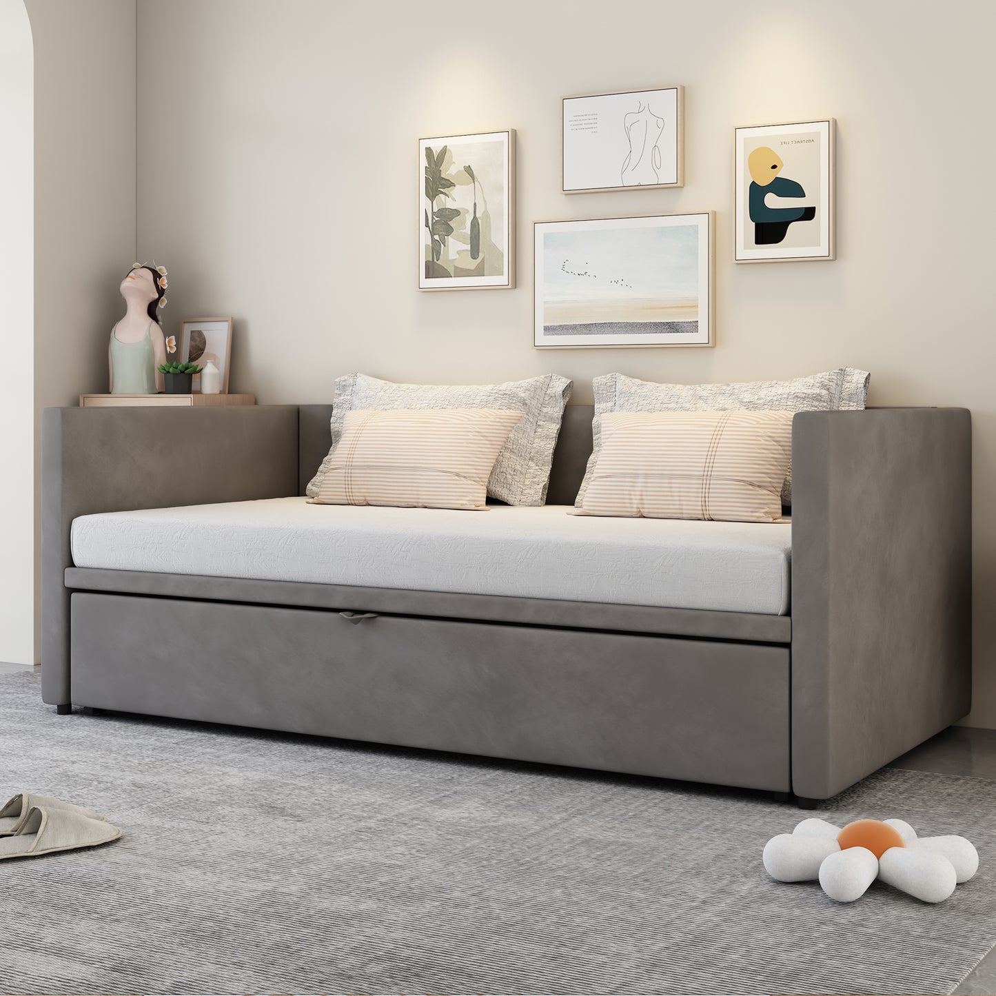 Polsterbett Ausziehbares Schlafsofa 90/180*200 cm mit Lattenrosten, Multifunktionsbett aus hautfreundlichem Samtstoff Grau