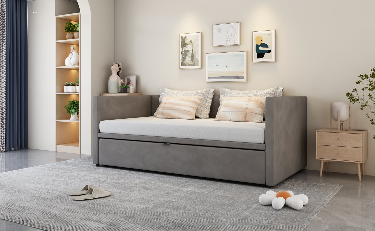 Polsterbett Ausziehbares Schlafsofa 90/180*200 cm mit Lattenrosten, Multifunktionsbett aus hautfreundlichem Samtstoff Grau