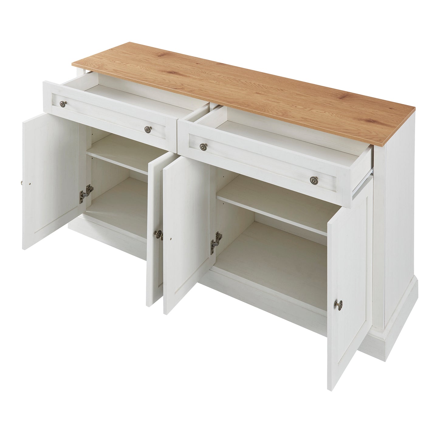Großes Sideboard mit 4 Türen und 2 Schubladen, moderner Buffetschrank für Esszimmer und Wohnzimmer, 150 x 86 x 40 cm (L/B/H) – (Antikweiß+Naturholz)