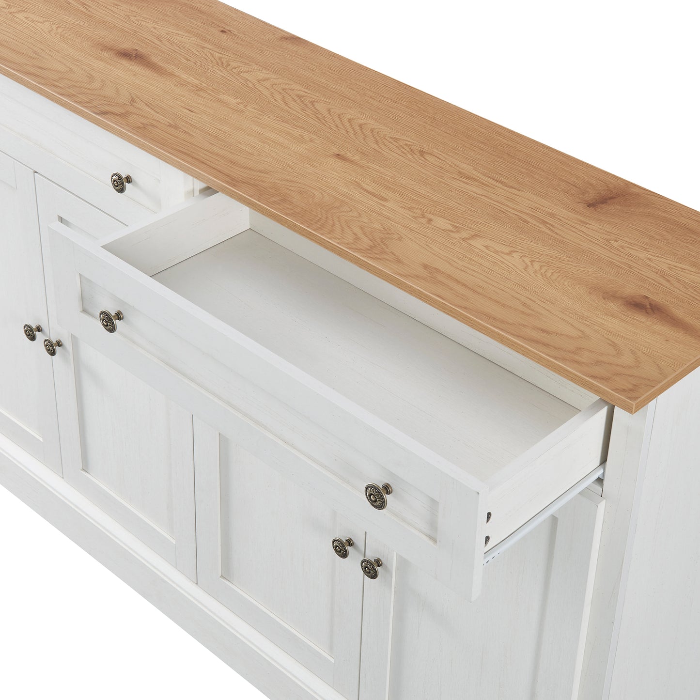 Großes Sideboard mit 4 Türen und 2 Schubladen, moderner Buffetschrank für Esszimmer und Wohnzimmer, 150 x 86 x 40 cm (L/B/H) – (Antikweiß+Naturholz)