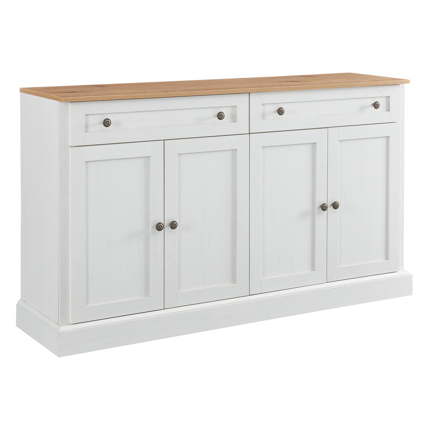 Großes Sideboard mit 4 Türen und 2 Schubladen, moderner Buffetschrank für Esszimmer und Wohnzimmer, 150 x 86 x 40 cm (L/B/H) – (Antikweiß+Naturholz)
