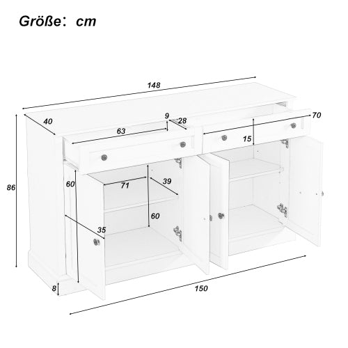 Großes Sideboard mit 4 Türen und 2 Schubladen, moderner Buffetschrank für Esszimmer und Wohnzimmer, 150 x 86 x 40 cm (L/B/H) – (Antikweiß+Naturholz)