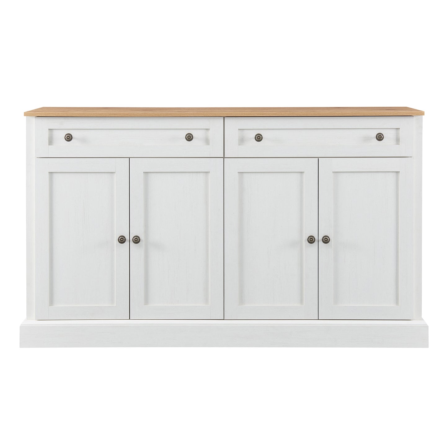 Großes Sideboard mit 4 Türen und 2 Schubladen, moderner Buffetschrank für Esszimmer und Wohnzimmer, 150 x 86 x 40 cm (L/B/H) – (Antikweiß+Naturholz)