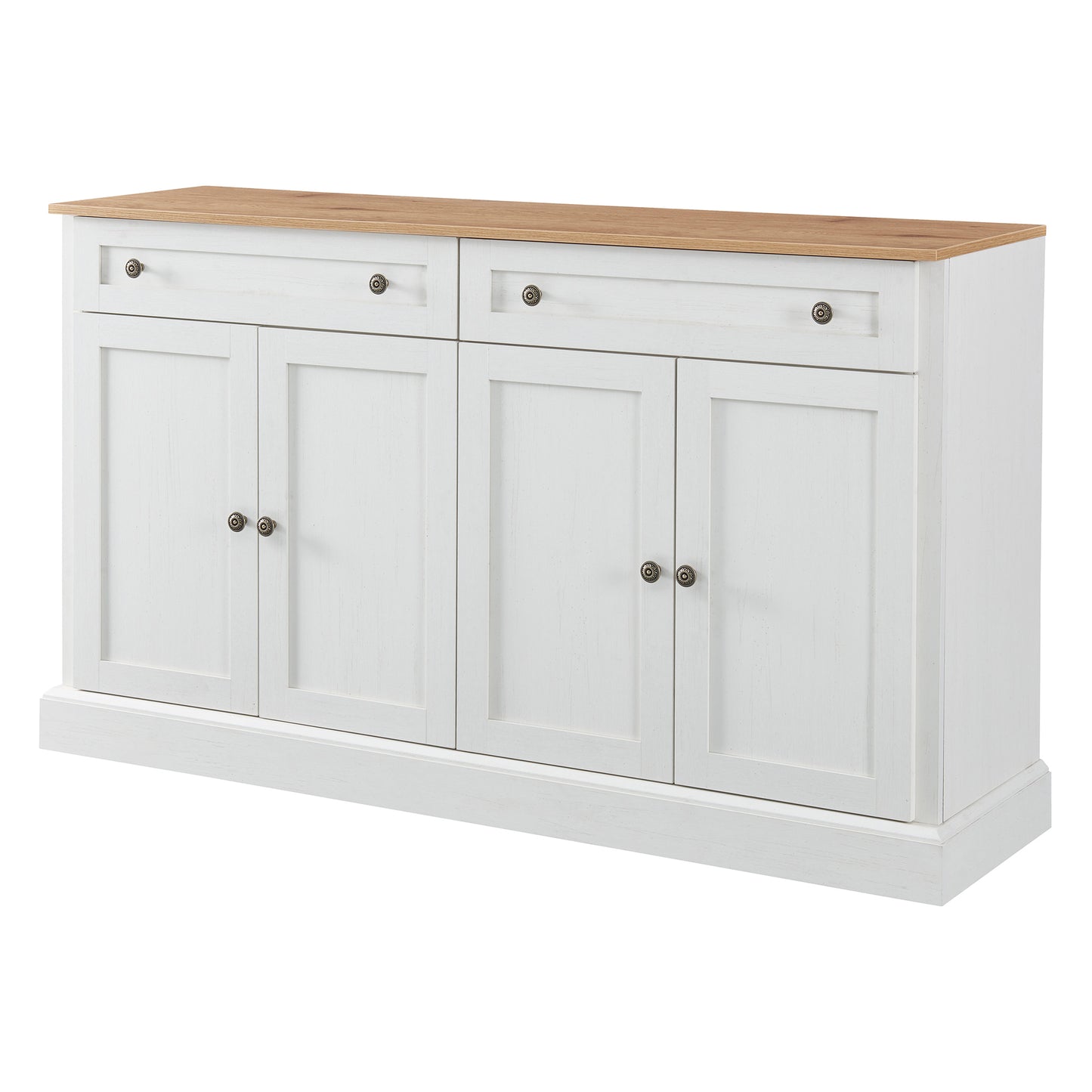 Großes Sideboard mit 4 Türen und 2 Schubladen, moderner Buffetschrank für Esszimmer und Wohnzimmer, 150 x 86 x 40 cm (L/B/H) – (Antikweiß+Naturholz)