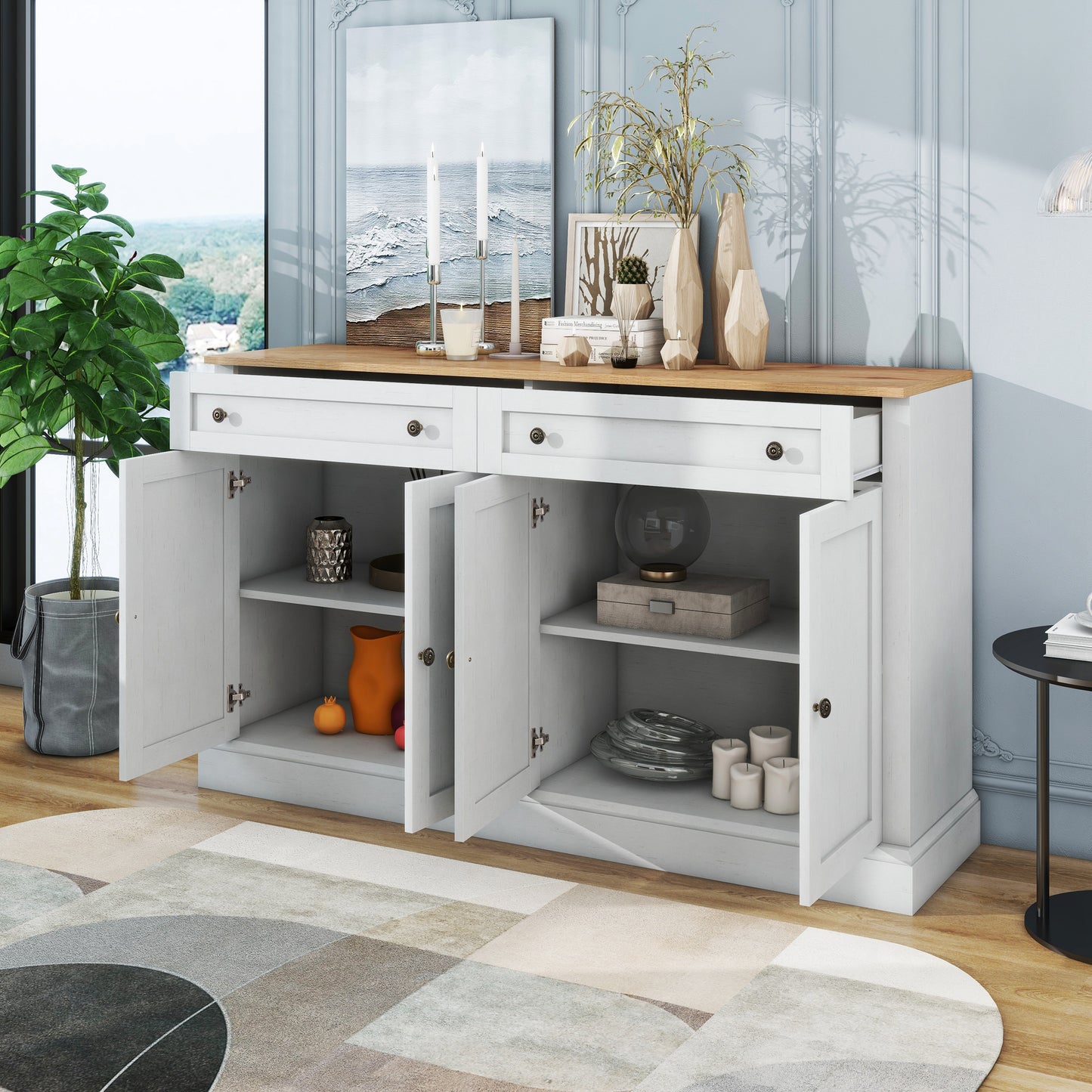 Großes Sideboard mit 4 Türen und 2 Schubladen, moderner Buffetschrank für Esszimmer und Wohnzimmer, 150 x 86 x 40 cm (L/B/H) – (Antikweiß+Naturholz)