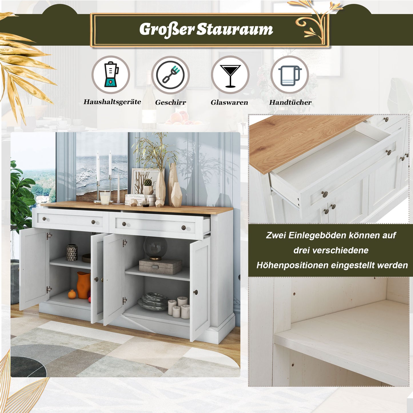 Großes Sideboard mit 4 Türen und 2 Schubladen, moderner Buffetschrank für Esszimmer und Wohnzimmer, 150 x 86 x 40 cm (L/B/H) – (Antikweiß+Naturholz)