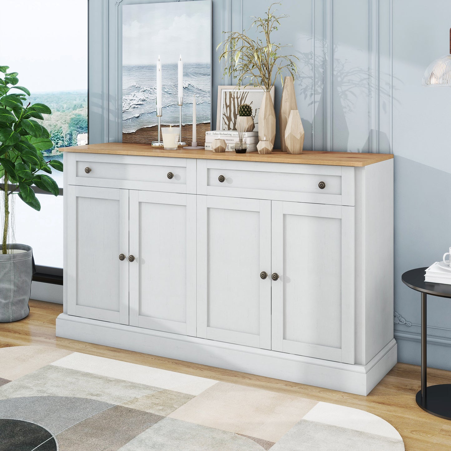 Großes Sideboard mit 4 Türen und 2 Schubladen, moderner Buffetschrank für Esszimmer und Wohnzimmer, 150 x 86 x 40 cm (L/B/H) – (Antikweiß+Naturholz)