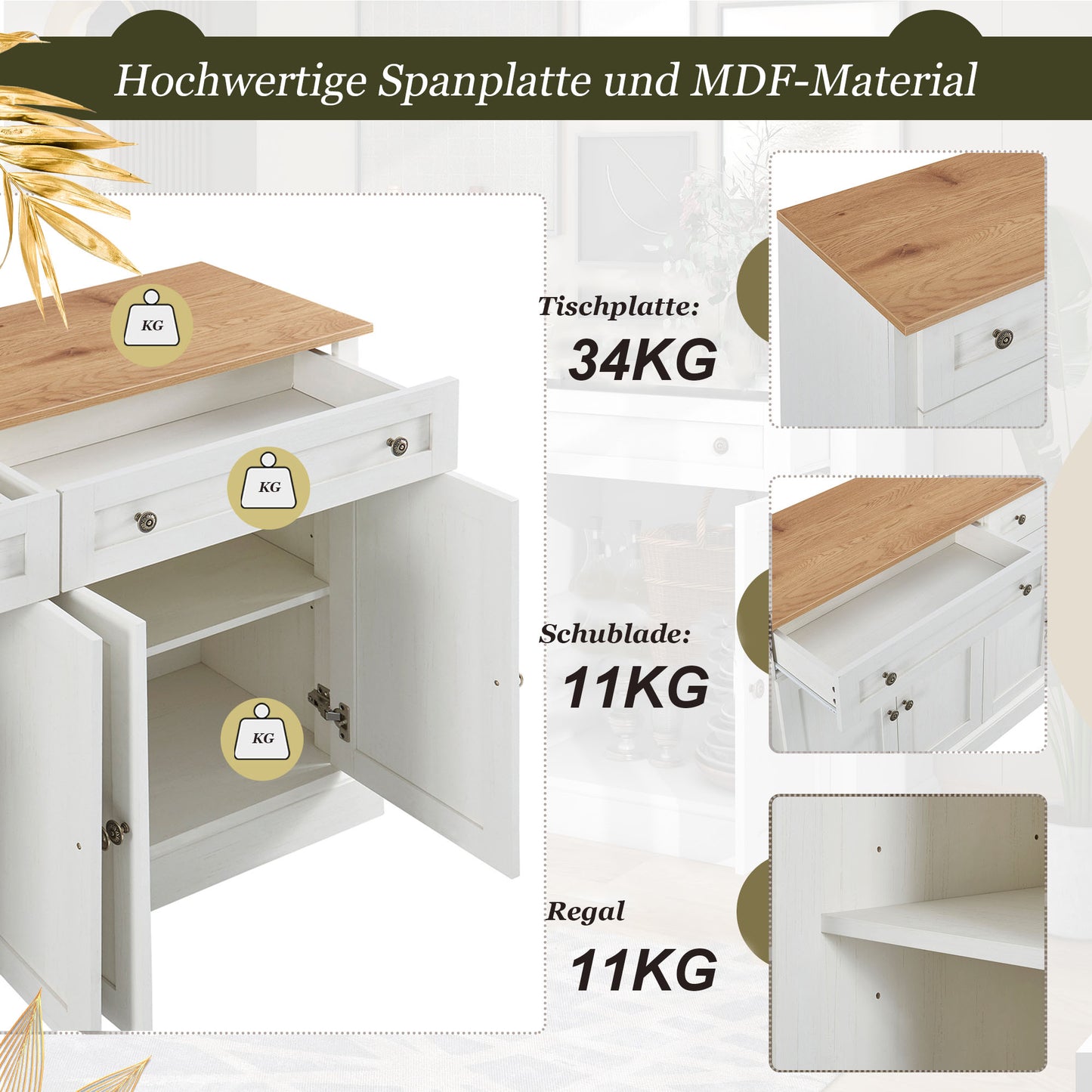 Großes Sideboard mit 4 Türen und 2 Schubladen, moderner Buffetschrank für Esszimmer und Wohnzimmer, 150 x 86 x 40 cm (L/B/H) – (Antikweiß+Naturholz)