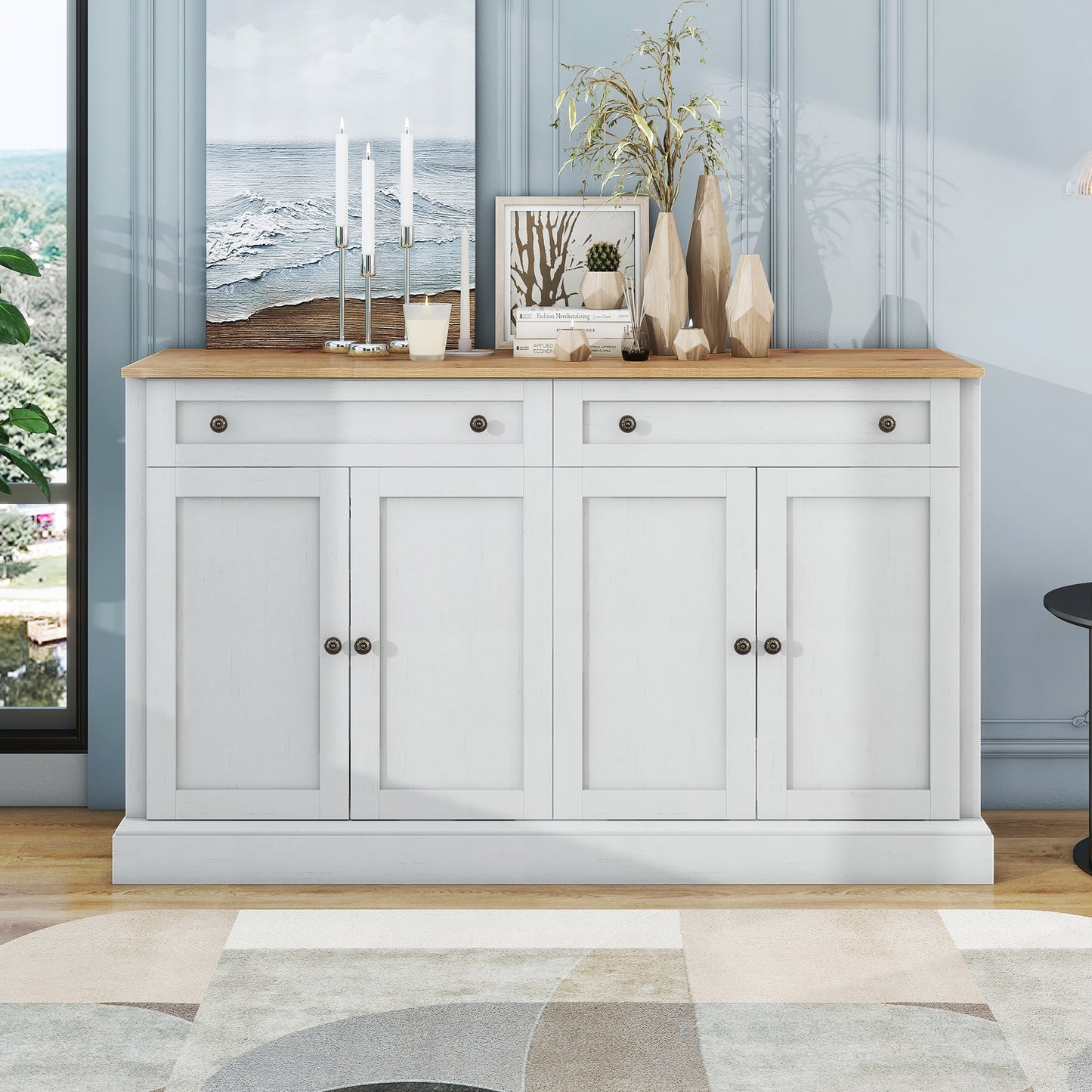 Großes Sideboard mit 4 Türen und 2 Schubladen, moderner Buffetschrank für Esszimmer und Wohnzimmer, 150 x 86 x 40 cm (L/B/H) – (Antikweiß+Naturholz)