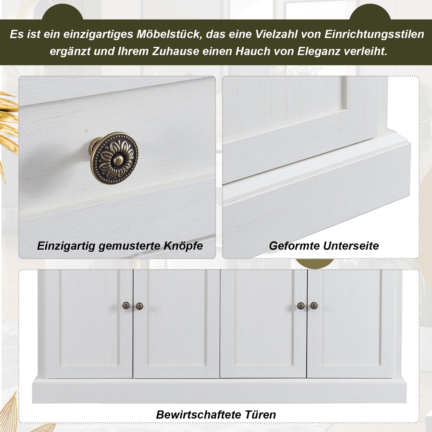 Großes Sideboard mit 4 Türen und 2 Schubladen, moderner Buffetschrank für Esszimmer und Wohnzimmer, 150 x 86 x 40 cm (L/B/H) – (Antikweiß+Naturholz)