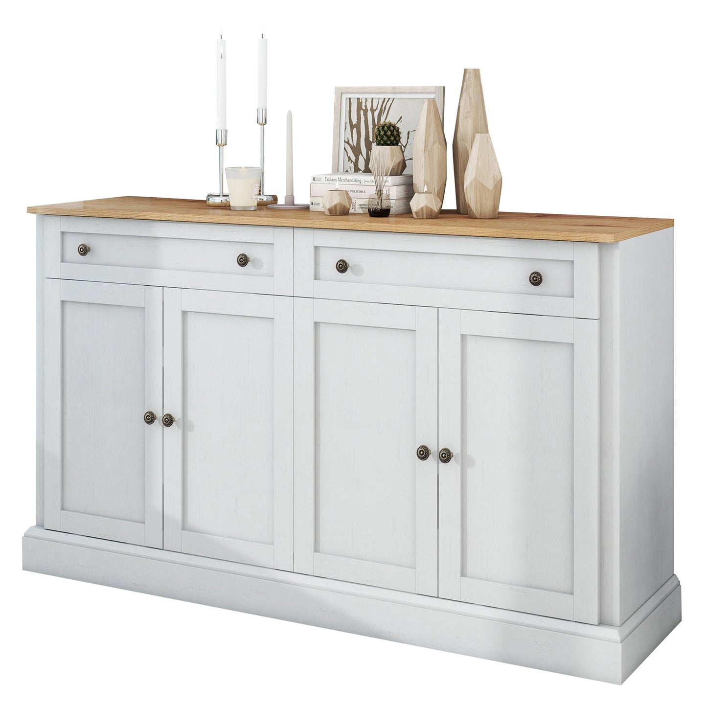 Großes Sideboard mit 4 Türen und 2 Schubladen, moderner Buffetschrank für Esszimmer und Wohnzimmer, 150 x 86 x 40 cm (L/B/H) – (Antikweiß+Naturholz)