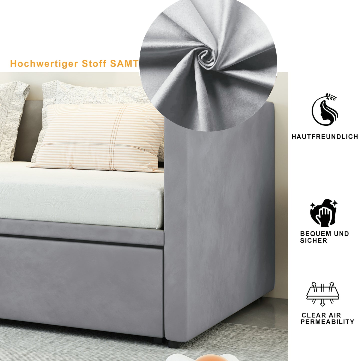 Polsterbett Ausziehbares Schlafsofa 90/180*200 cm mit Lattenrosten, Multifunktionsbett aus hautfreundlichem Samtstoff Grau