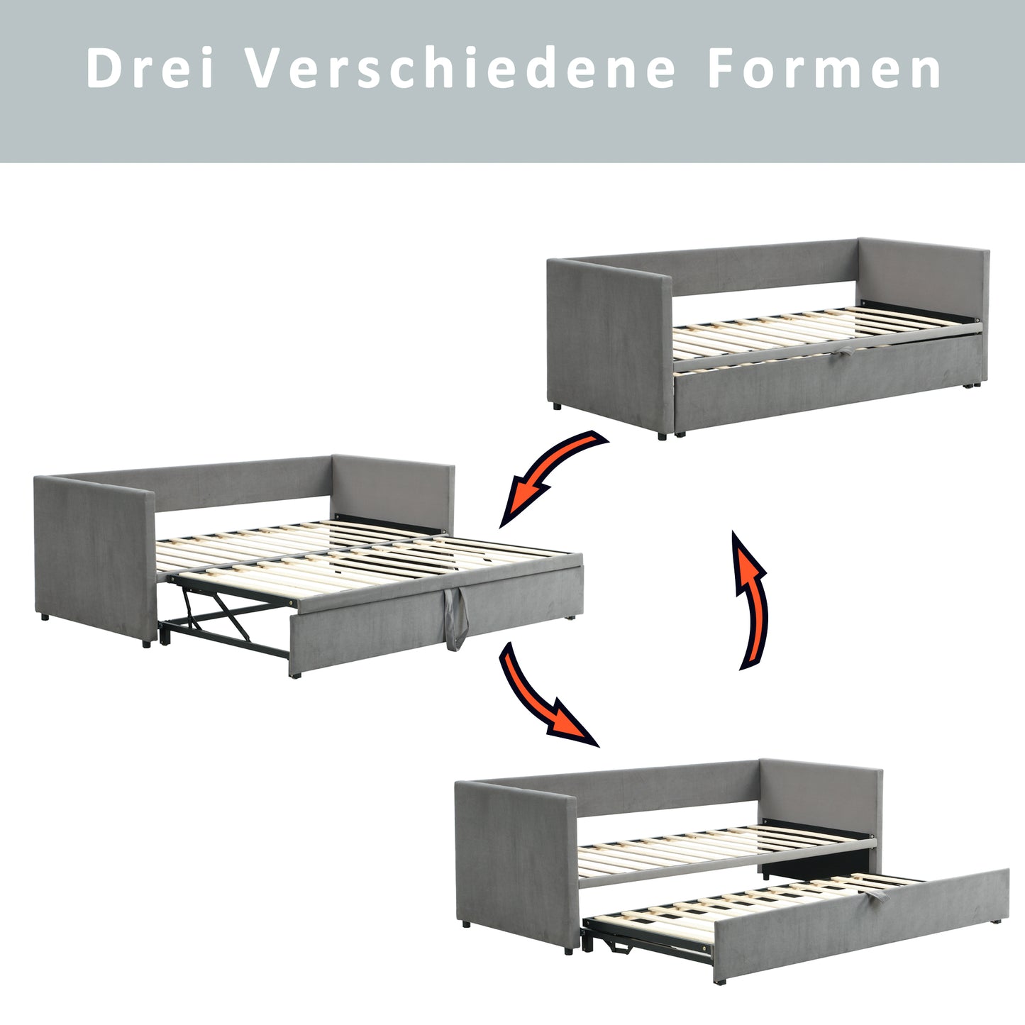 Polsterbett Ausziehbares Schlafsofa 90/180*200 cm mit Lattenrosten, Multifunktionsbett aus hautfreundlichem Samtstoff Grau