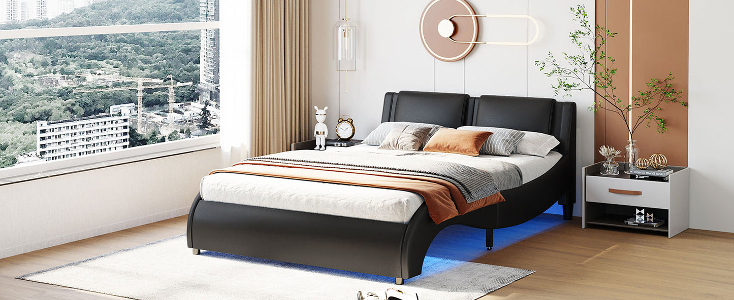 Polsterbett 140*200cm Kunstlederbett mit LED-Lichtbettgestell mit Lattenrosten Schwarz