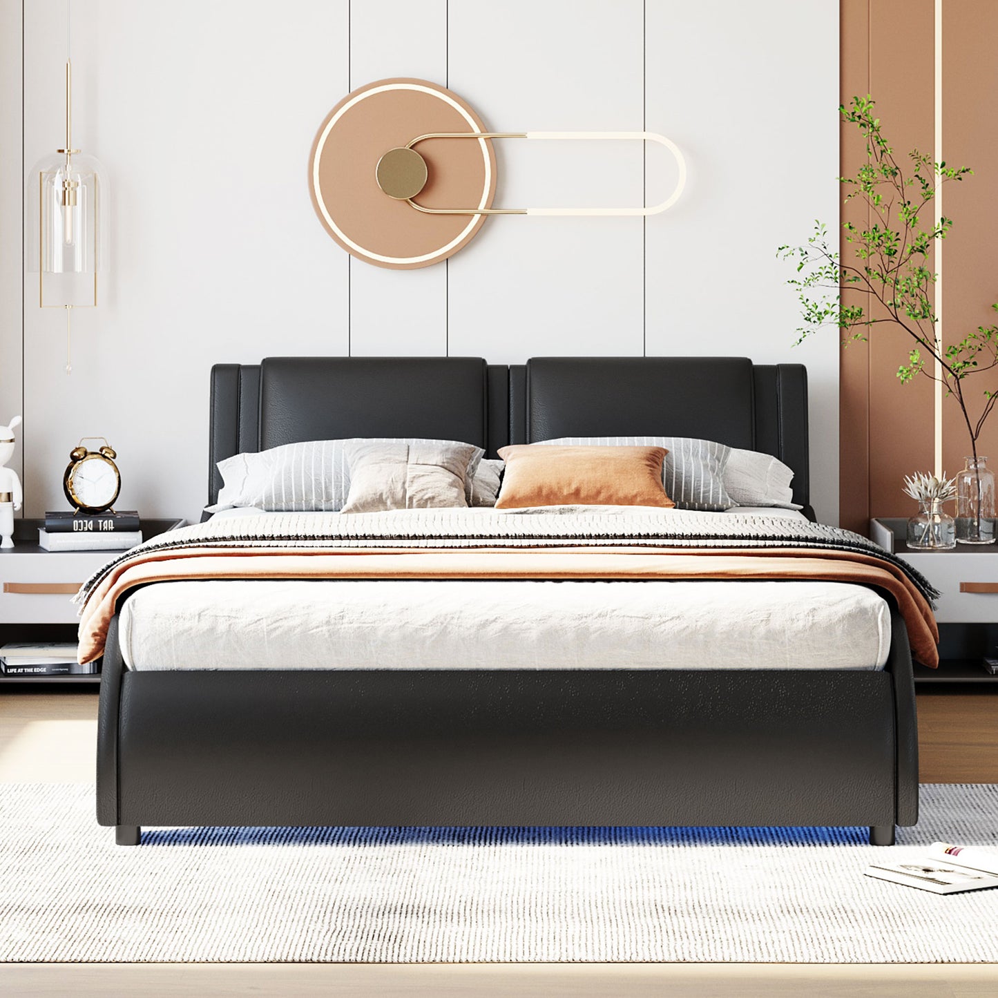 Polsterbett 140*200cm Kunstlederbett mit LED-Lichtbettgestell mit Lattenrosten Schwarz