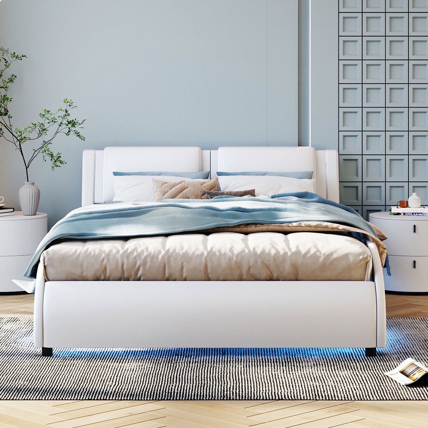 Polsterbett 140*200cm Kunstlederbett mit LED-Lichtbettgestell mit Lattenrosten Schwarz
