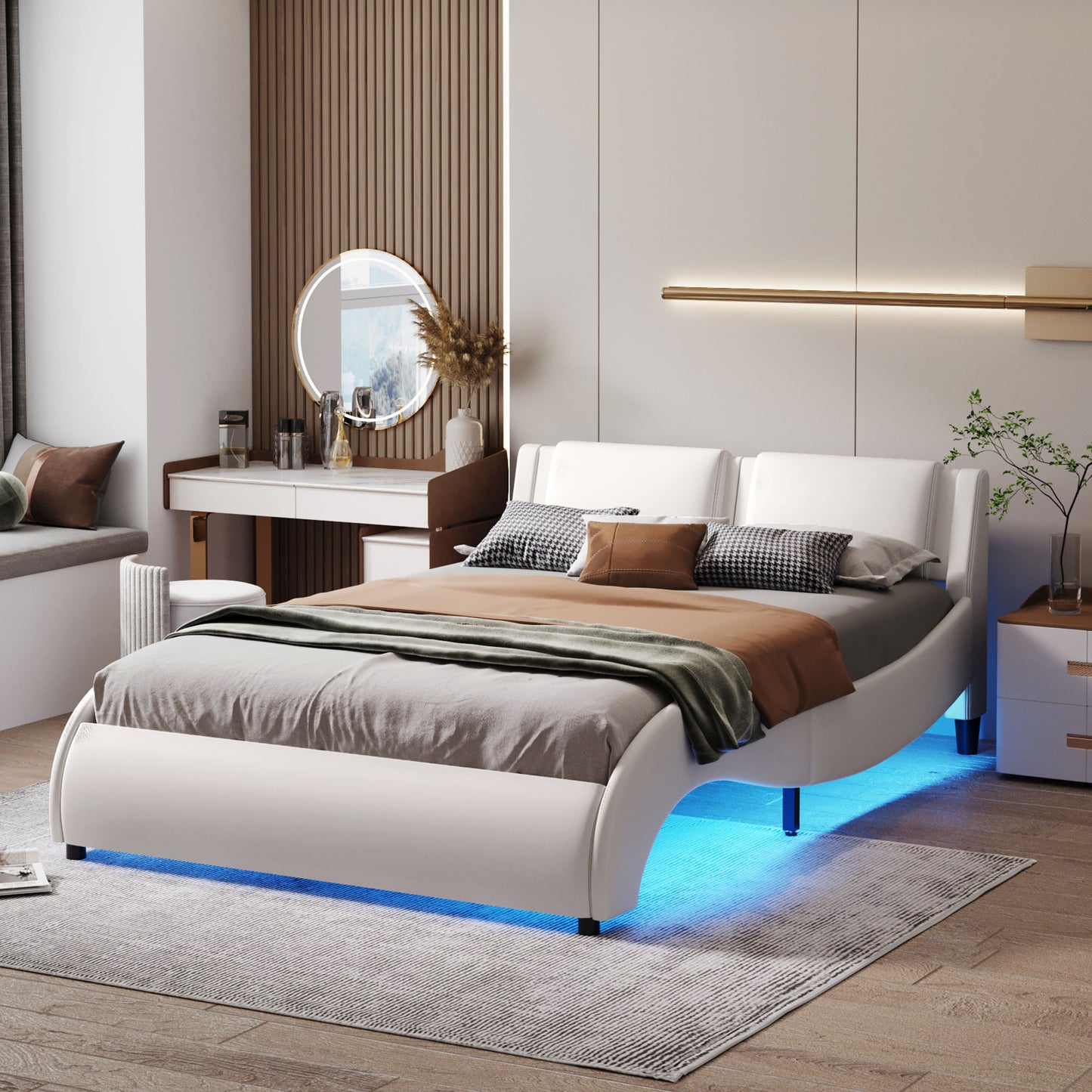 Polsterbett 140*200cm Kunstlederbett mit LED-Lichtbettgestell mit Lattenrosten Schwarz