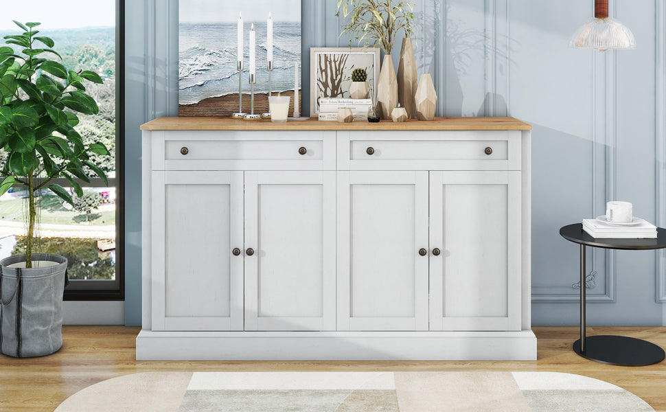 Großes Sideboard mit 4 Türen und 2 Schubladen, moderner Buffetschrank für Esszimmer und Wohnzimmer, 150 x 86 x 40 cm (L/B/H) – (Antikweiß+Naturholz)