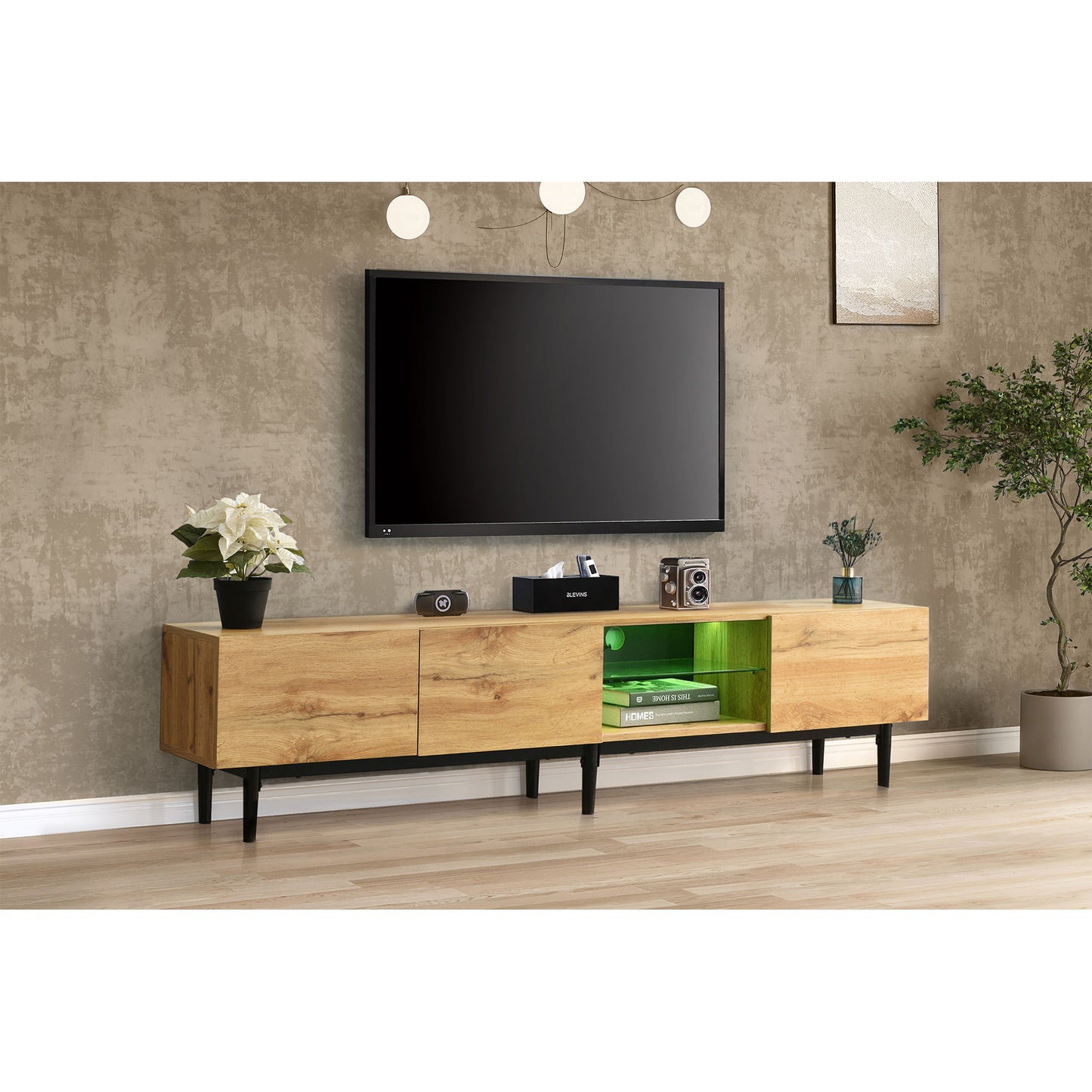 Moderner TV-Schrank mit Holzmaserung, variable LED-Leuchten, 175 (L) x 31 (W) x 41 (H) cm