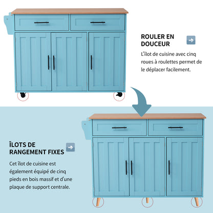 129*76*91,5 cm Speisewagen / Anrichte mit klappbarer Tischplatte, Einlegeböden in den Türen, Kücheninsel auf 5 Rollen mit Ablage und 2 Schubladen, für Esszimmer, weiß + blau