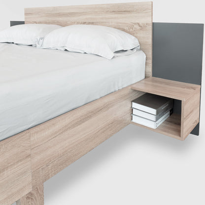 Doppelbett Holzbett Bettanlage 140 x 200 cm mit 2 Nachtkommoden Modernes Bett inkl. 2 Nachttischen Schlafzimmer Komplett-205.5x215x76.5 cm(T/B/H) Set in Eiche Sonoma/Dunkelgrau