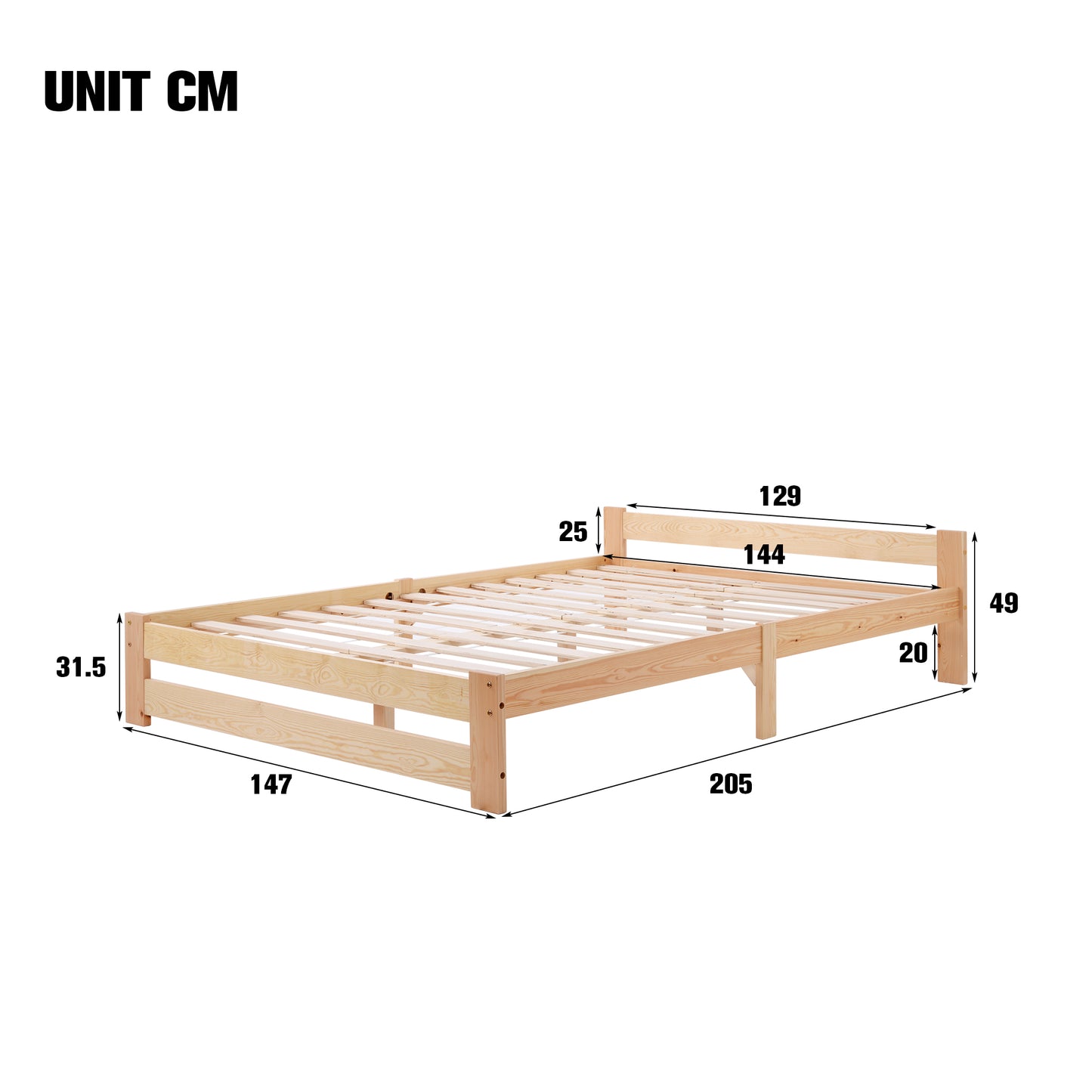 Solide Massivholzbett Futonbett Massivholz Natur Bett aus mit Kopfteil und Lattenrost , Natur (200x140cm)