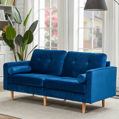 2-Sitzer-Sofagarnitur, Holzfüße, Stilvolles und elegantes 2-Sitzer Samtsofa in Dunkelblau, gepolstertes Sofa mit edler Knopfheftung und typischen Armlehnen für das Wohnzimmer