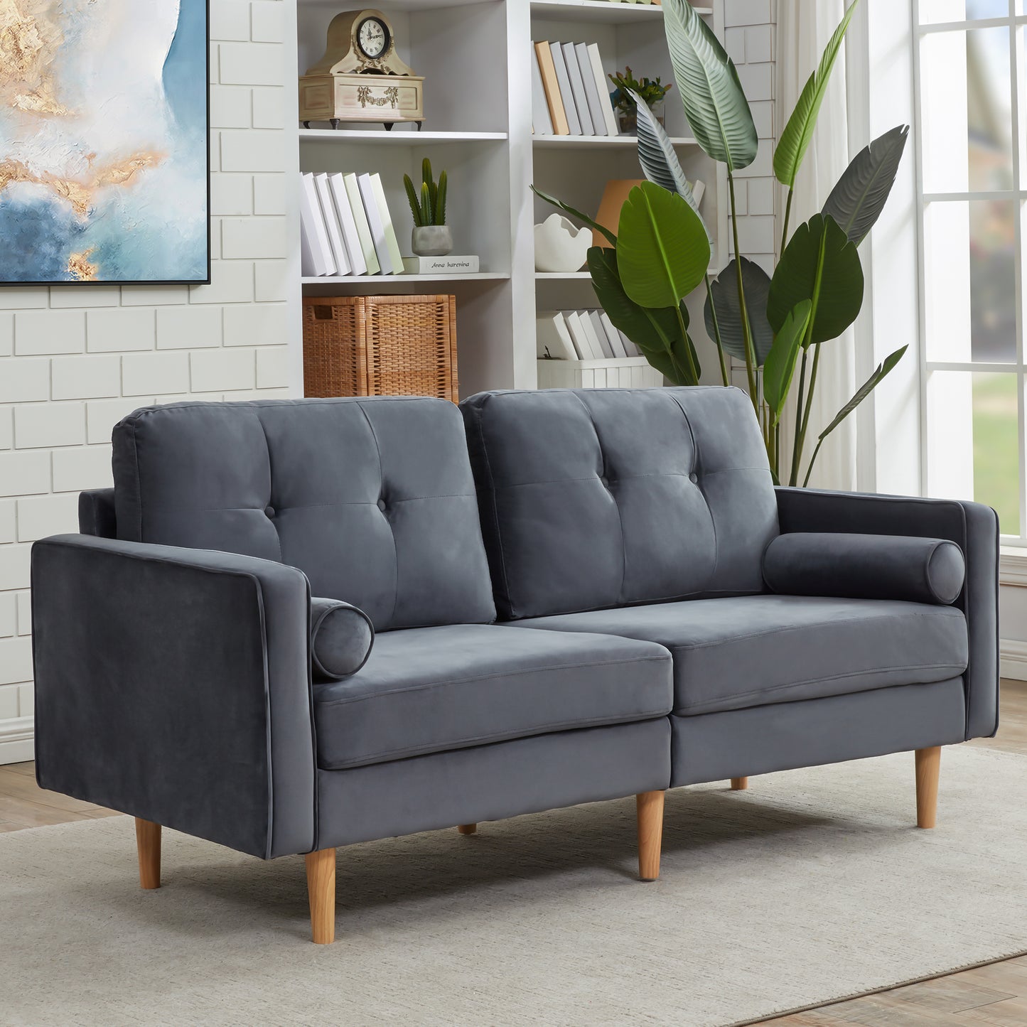 2-Sitzer-Sofagarnitur, Holzfüße, Stilvolles und elegantes 2-Sitzer Samtsofa in Dunkelblau, gepolstertes Sofa mit edler Knopfheftung und typischen Armlehnen für das Wohnzimmer