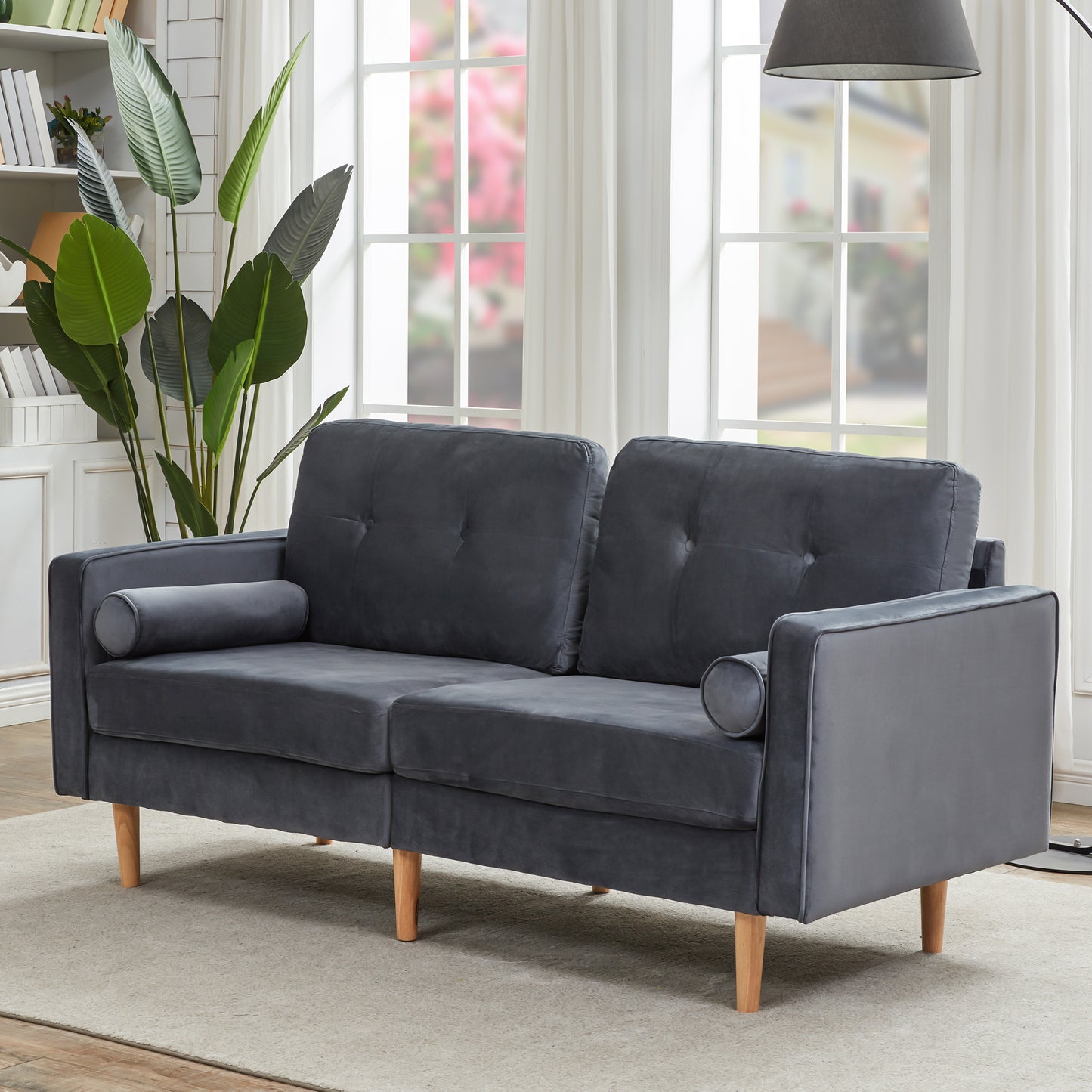 2-Sitzer-Sofagarnitur, Holzfüße, Stilvolles und elegantes 2-Sitzer Samtsofa in Dunkelblau, gepolstertes Sofa mit edler Knopfheftung und typischen Armlehnen für das Wohnzimmer