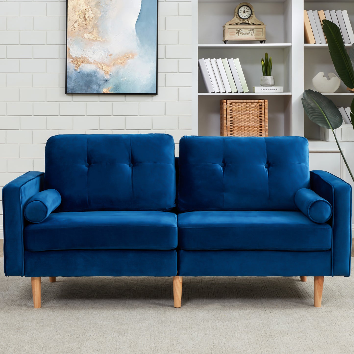 2-Sitzer-Sofagarnitur, Holzfüße, Stilvolles und elegantes 2-Sitzer Samtsofa in Dunkelblau, gepolstertes Sofa mit edler Knopfheftung und typischen Armlehnen für das Wohnzimmer