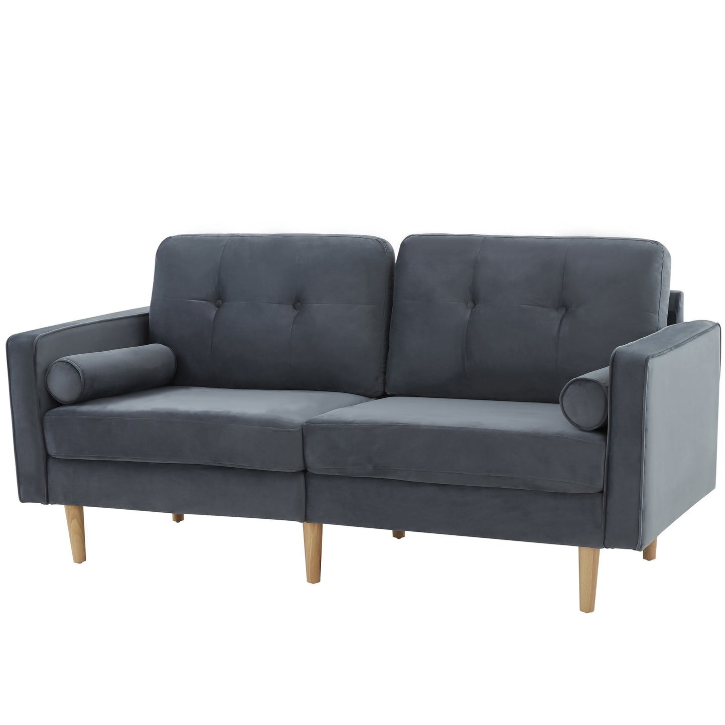 2-Sitzer-Sofagarnitur, Holzfüße, Stilvolles und elegantes 2-Sitzer Samtsofa in Dunkelblau, gepolstertes Sofa mit edler Knopfheftung und typischen Armlehnen für das Wohnzimmer