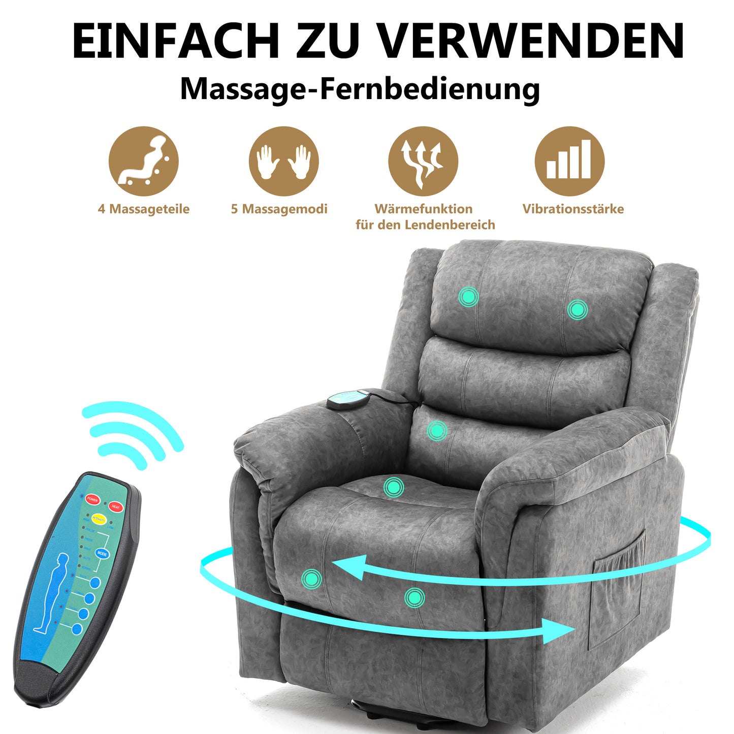 Power Elektrischer Massagelift-Liegestuhl mit Wärme und Vibration für ältere Menschen, strapazierfähiger und sicherer Bewegungs-Liegemechanismus – rutschfestes Stoffsofa, zeitgenössisches, überfüllte