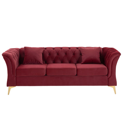 3-Sitzer Sofa, Knopf getuftetes Zweiersofa mit Scroll-Armen und goldenen MetallbeinenKnopf getuftetes Zweiersofa mit Scroll-Armen und goldenen Metallbeinen, Türkis, 215*78*76 cm