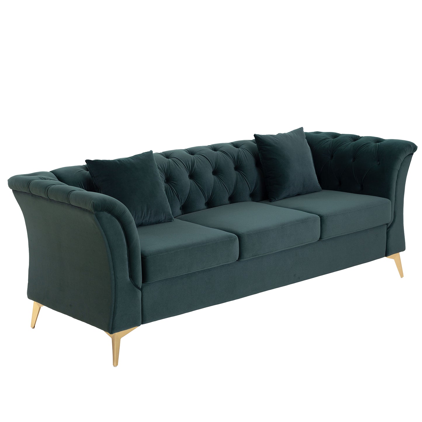 3-Sitzer Sofa, Knopf getuftetes Zweiersofa mit Scroll-Armen und goldenen MetallbeinenKnopf getuftetes Zweiersofa mit Scroll-Armen und goldenen Metallbeinen, Türkis, 215*78*76 cm