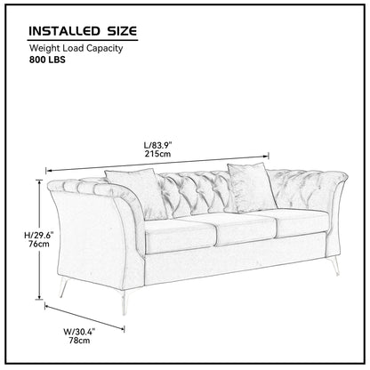 3-Sitzer Sofa, Knopf getuftetes Zweiersofa mit Scroll-Armen und goldenen MetallbeinenKnopf getuftetes Zweiersofa mit Scroll-Armen und goldenen Metallbeinen, Türkis, 215*78*76 cm