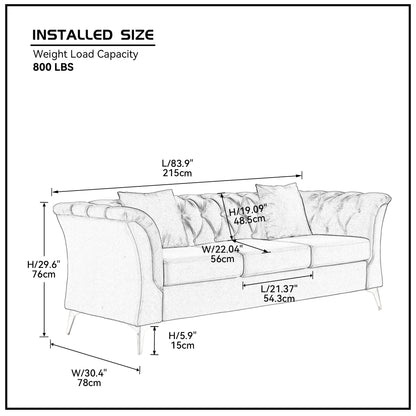 3-Sitzer Sofa, Knopf getuftetes Zweiersofa mit Scroll-Armen und goldenen MetallbeinenKnopf getuftetes Zweiersofa mit Scroll-Armen und goldenen Metallbeinen, Türkis, 215*78*76 cm