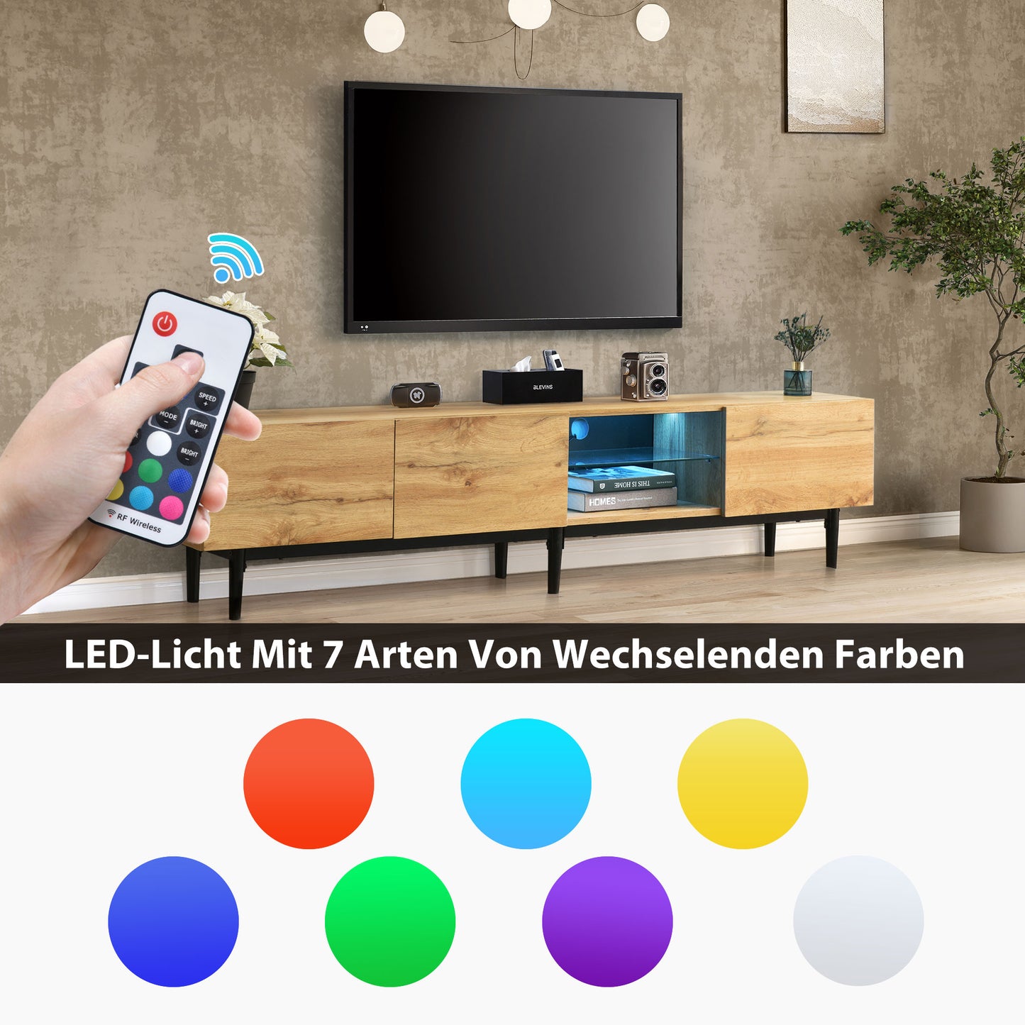 Moderner TV-Schrank mit Holzmaserung, variable LED-Leuchten, 175 (L) x 31 (W) x 41 (H) cm