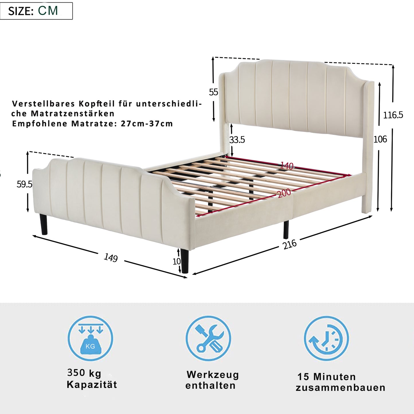 Polsterbett 140 x 200 cm Bettrahmen mit Kopfteil, Fußteil und Lattenrost Beige Samt gepolstertes Doppelbett Jugendbett Gästebett
