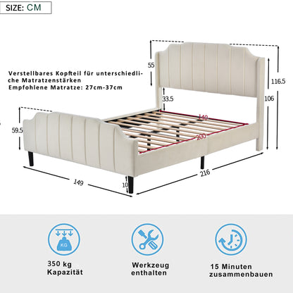Polsterbett 140 x 200 cm Bettrahmen mit Kopfteil, Fußteil und Lattenrost Beige Samt gepolstertes Doppelbett Jugendbett Gästebett