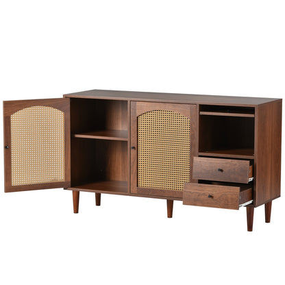 Sideboard Mit Rattan Einsatz, Breite 130 cm, mit drei Türen und zwei unregelmäßigen Schubladen 130*75.5*40 cm