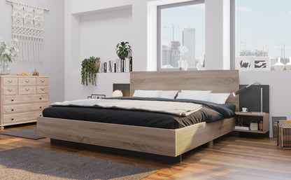 Doppelbett Holzbett Bettanlage 160 x 200 cm mit 2 Nachtkommoden Modernes Bett inkl. 2 Nachttischen Schlafzimmer Komplett-205.5x235x76.5 cm(T/B/H) Set in Eiche Sonoma/Dunkelgrau