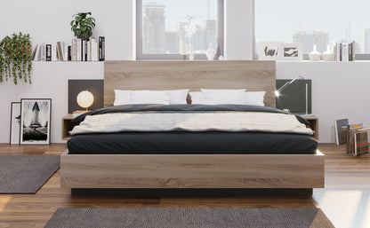 Doppelbett Holzbett Bettanlage 160 x 200 cm mit 2 Nachtkommoden Modernes Bett inkl. 2 Nachttischen Schlafzimmer Komplett-205.5x235x76.5 cm(T/B/H) Set in Eiche Sonoma/Dunkelgrau