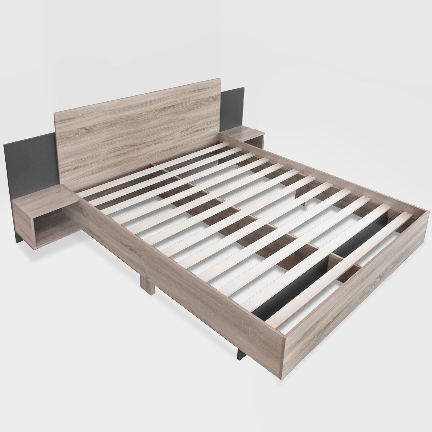 Doppelbett Holzbett Bettanlage 160 x 200 cm mit 2 Nachtkommoden Modernes Bett inkl. 2 Nachttischen Schlafzimmer Komplett-205.5x235x76.5 cm(T/B/H) Set in Eiche Sonoma/Dunkelgrau