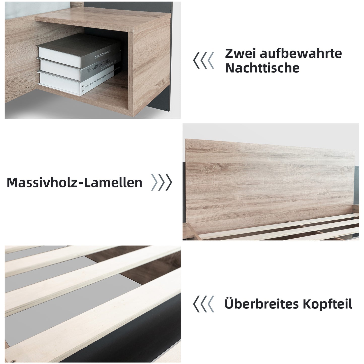 Doppelbett Holzbett Bettanlage 140 x 200 cm mit 2 Nachtkommoden Modernes Bett inkl. 2 Nachttischen Schlafzimmer Komplett-205.5x215x76.5 cm(T/B/H) Set in Eiche Sonoma/Dunkelgrau